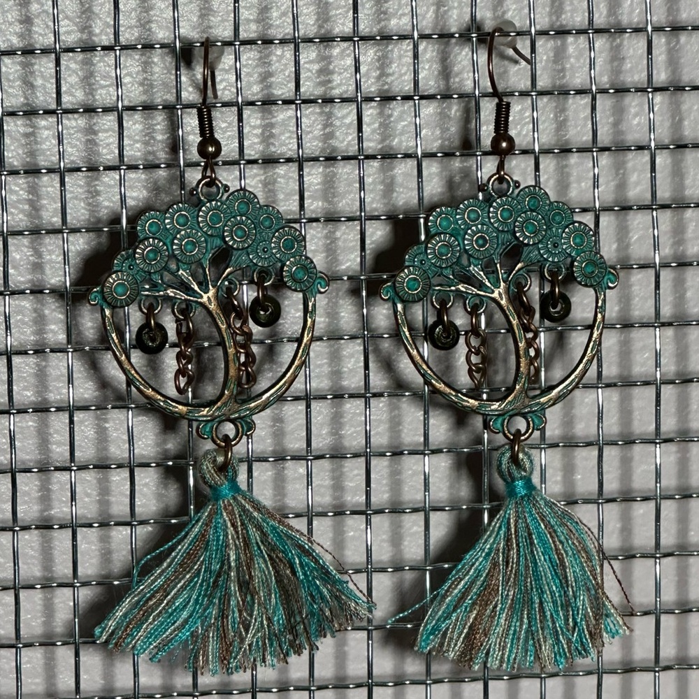 3/$25 NEW BOUTIQUE Antique Bronze Turquoise Tassel Drop Tree Dangle Earrings